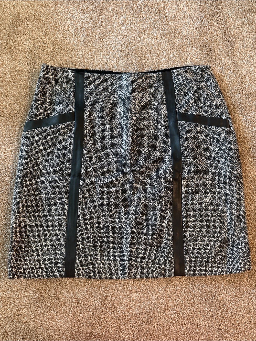 Banana Republic Black and White Tweed Pencil Skirt with Black Leather Trim